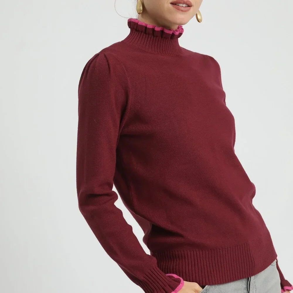 Umgee Ribbed Round Neck Sweater‎ with Ruffle Contrast Trim - Picture 2 of 6